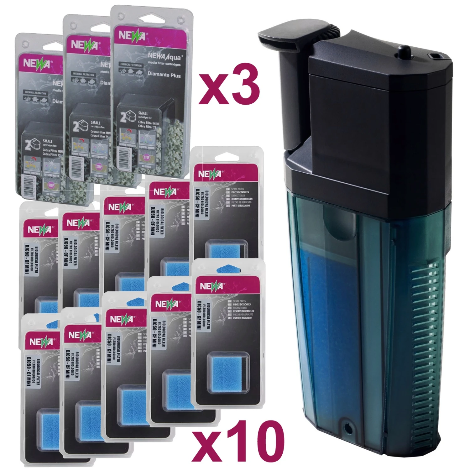 NEWA Cobra Mini DJC50 Filtre Interne Pour Volume 10 à 35 L + 3 Diamante Plus + 10 Mousses 1 NEWA Cobra Mini DJC50 Filtre Interne Pour Volume 10 à 35 L + 3 Diamante Plus + 10 Mousses